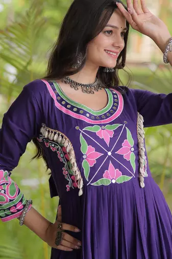 Purple kora cotton with multi thread embroidered and real mirror work navratri gown