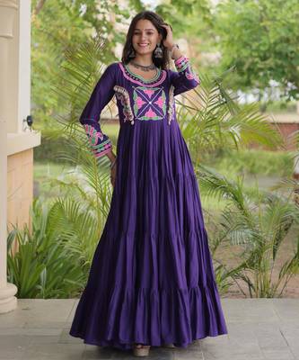 Purple kora cotton with multi thread embroidered and real mirror work navratri gown 4