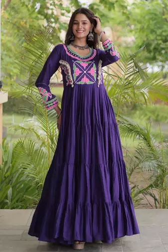 Purple kora cotton with multi thread embroidered and real mirror work navratri gown