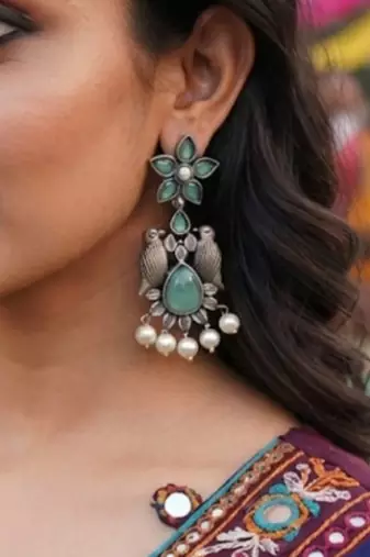 Green trendy silver plated earrings for women