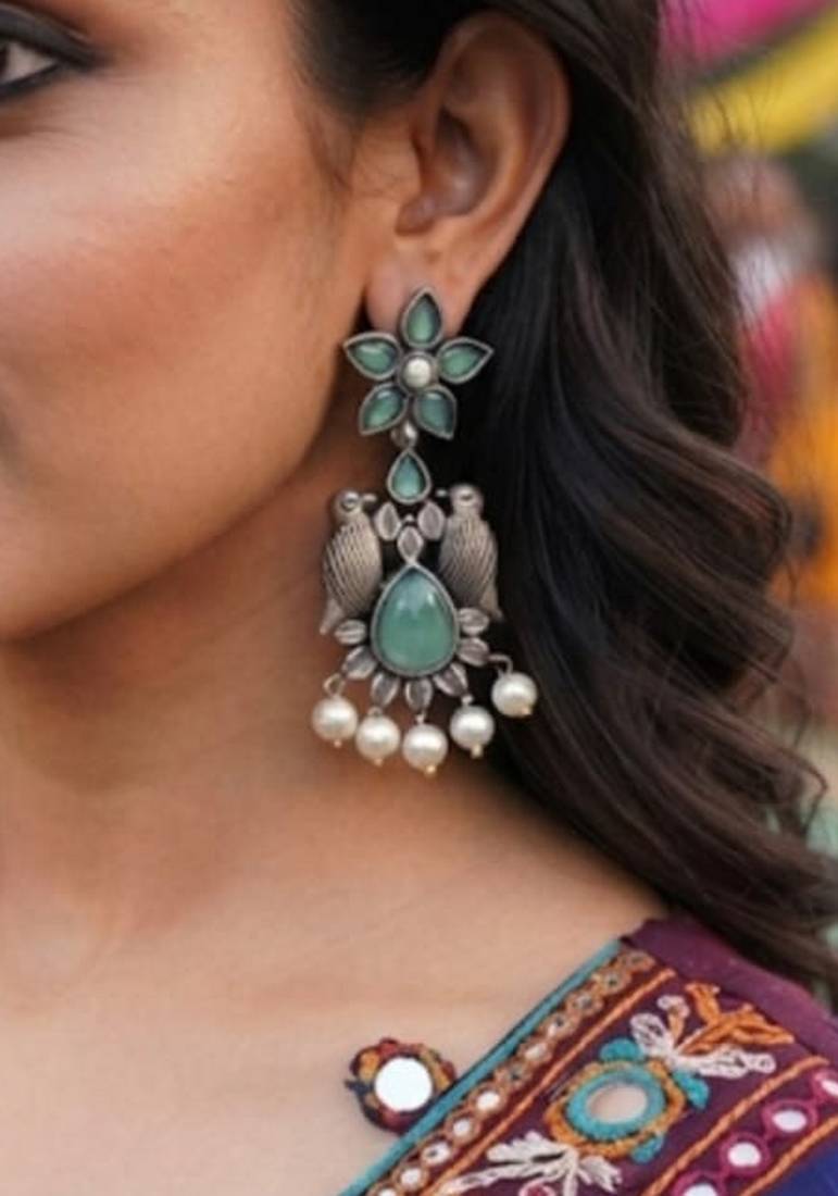 Green trendy silver plated earrings for women