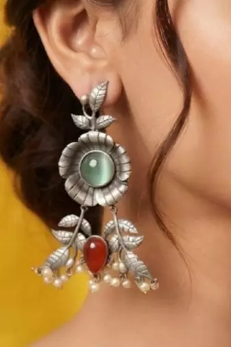 Green trendy silver plated earrings for women