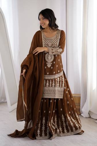 Women's Gorgeous Embroidery Work Crunchy Silk Fabric Straight Kurta Sharara and Dupatta Set