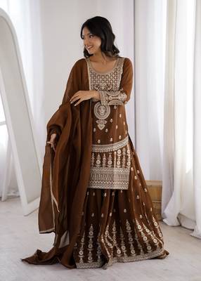 Women's Gorgeous Embroidery Work Crunchy Silk Fabric Straight Kurta Sharara and Dupatta Set 1