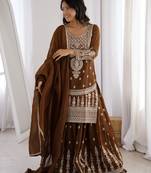 Women's Gorgeous Embroidery Work Crunchy Silk Fabric Straight Kurta Sharara and Dupatta Set