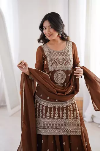Women's Gorgeous Embroidery Work Crunchy Silk Fabric Straight Kurta Sharara and Dupatta Set