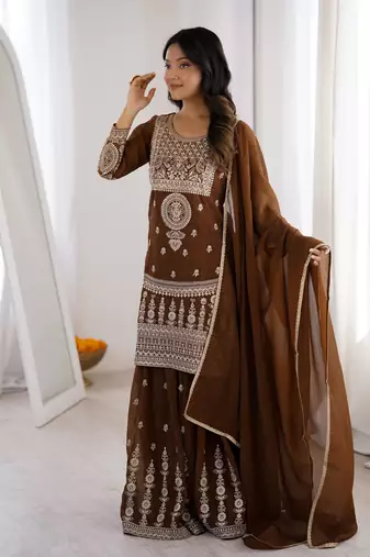 Women's Gorgeous Embroidery Work Crunchy Silk Fabric Straight Kurta Sharara and Dupatta Set