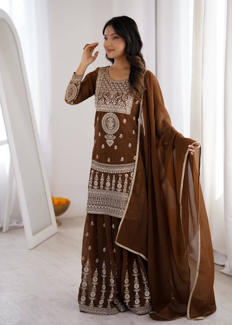 Women's Gorgeous Embroidery Work Crunchy Silk Fabric Straight Kurta Sharara and Dupatta Set