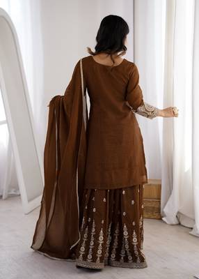 Women's Gorgeous Embroidery Work Crunchy Silk Fabric Straight Kurta Sharara and Dupatta Set 4