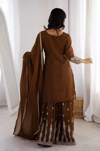 Women's Gorgeous Embroidery Work Crunchy Silk Fabric Straight Kurta Sharara and Dupatta Set