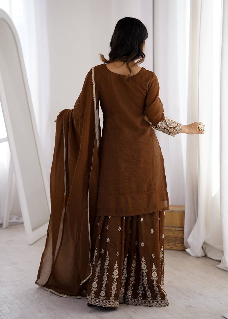 Women's Gorgeous Embroidery Work Crunchy Silk Fabric Straight Kurta Sharara and Dupatta Set