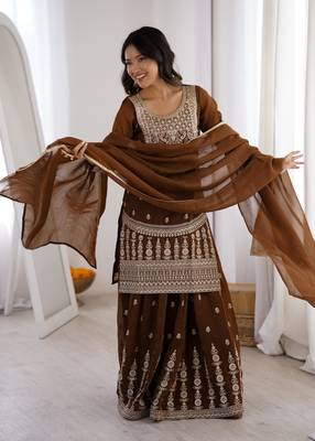 Women's Gorgeous Embroidery Work Crunchy Silk Fabric Straight Kurta Sharara and Dupatta Set 5