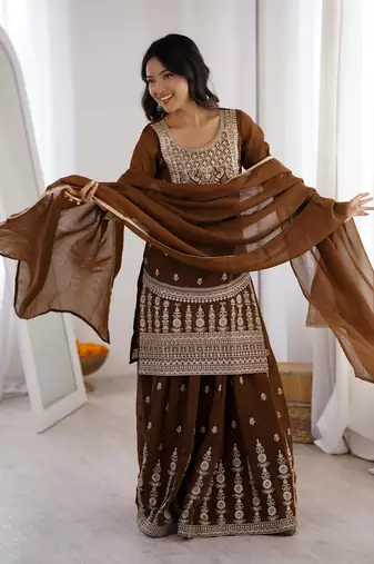 Women's Gorgeous Embroidery Work Crunchy Silk Fabric Straight Kurta Sharara and Dupatta Set