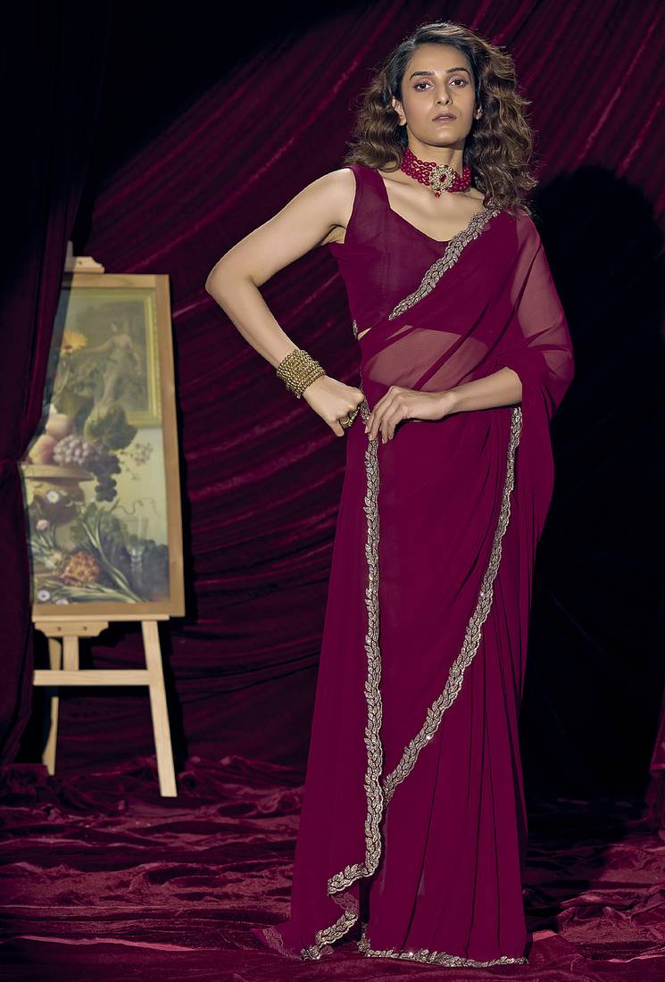 Wine sequin embroidery work georgette designer saree for women