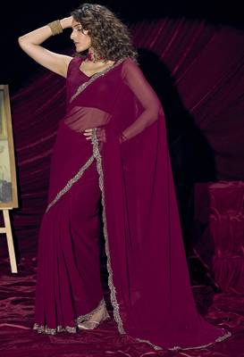 Wine sequin embroidery work georgette designer saree for women 2