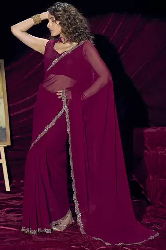 Wine sequin embroidery work georgette designer saree for women