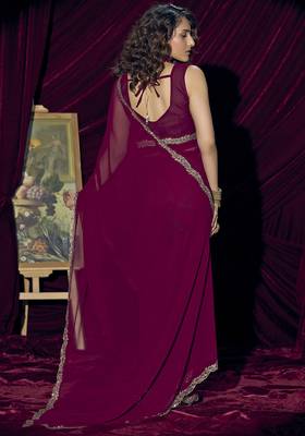 Wine sequin embroidery work georgette designer saree for women 3