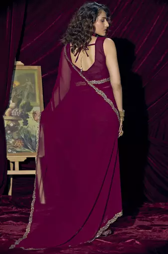 Wine sequin embroidery work georgette designer saree for women