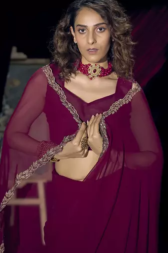 Wine sequin embroidery work georgette designer saree for women