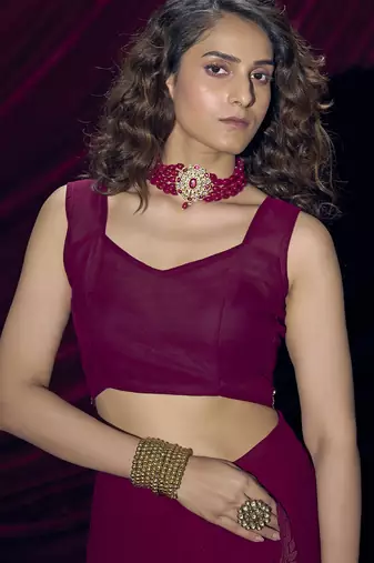 Wine sequin embroidery work georgette designer saree for women