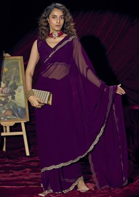 Purple sequin embroidery work georgette designer saree for women 1