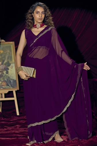 Purple sequin embroidery work georgette designer saree for women