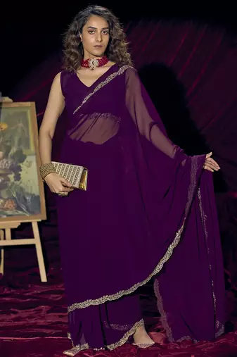 Purple sequin embroidery work georgette designer saree for women