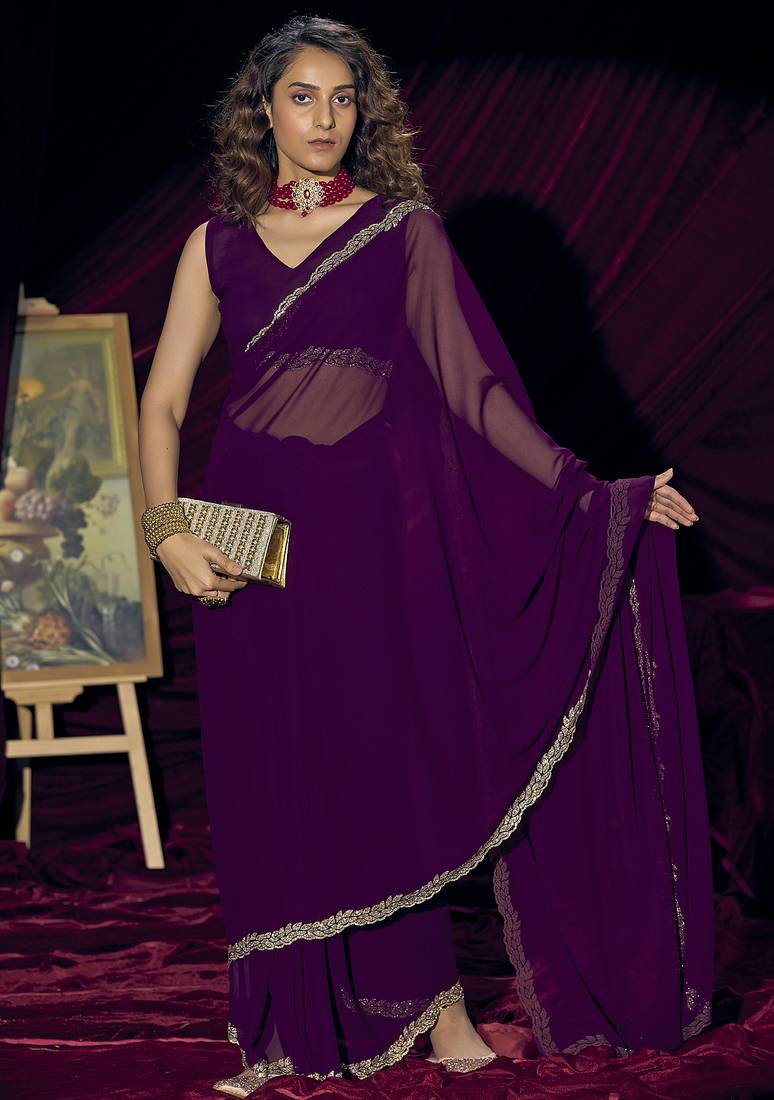 Purple sequin embroidery work georgette designer saree for women