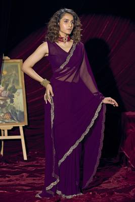 Purple sequin embroidery work georgette designer saree for women 2