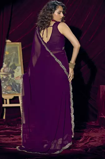 Purple sequin embroidery work georgette designer saree for women