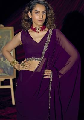 Purple sequin embroidery work georgette designer saree for women 4