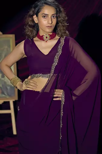 Purple sequin embroidery work georgette designer saree for women