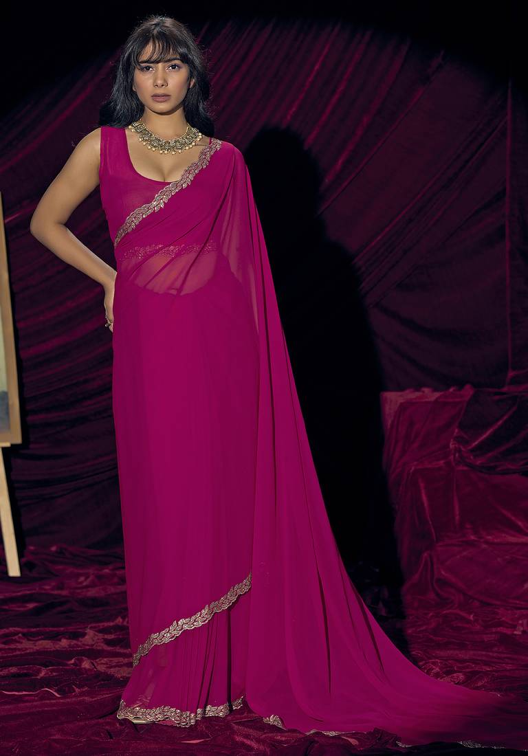 Magenta sequin embroidery work georgette designer saree for women