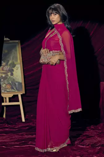 Magenta sequin embroidery work georgette designer saree for women