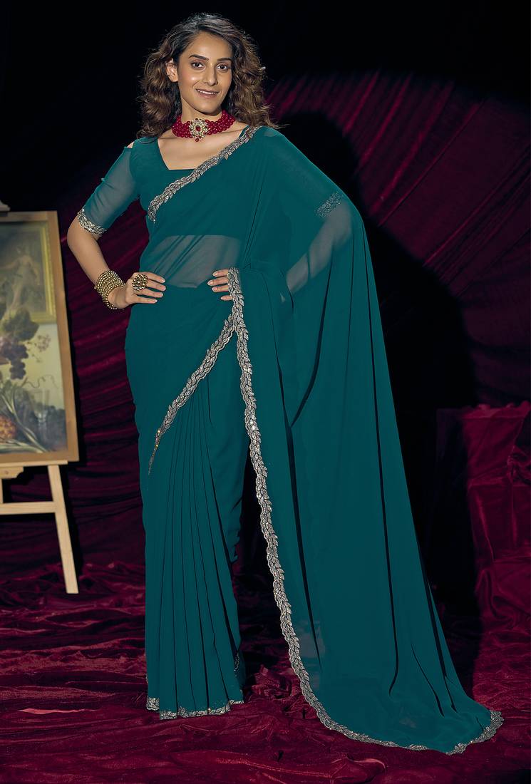Teal blue sequin embroidery work georgette designer saree for women
