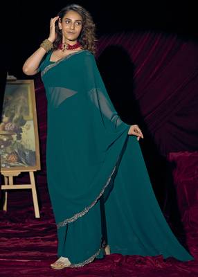 Teal blue sequin embroidery work georgette designer saree for women 2