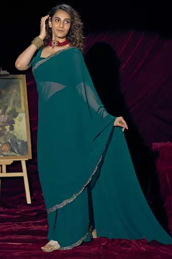 Teal blue sequin embroidery work georgette designer saree for women