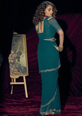 Teal blue sequin embroidery work georgette designer saree for women 3