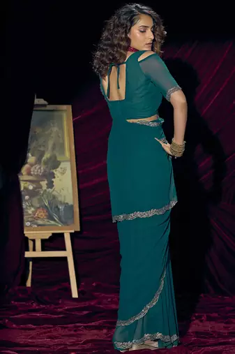 Teal blue sequin embroidery work georgette designer saree for women