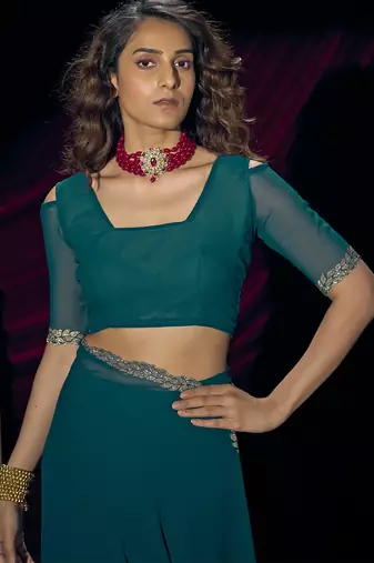 Teal blue sequin embroidery work georgette designer saree for women