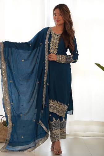 Women's Gorgeous Embroidery Work Chinon Silk Fabric Straight Kurta Pant and Dupatta Set
