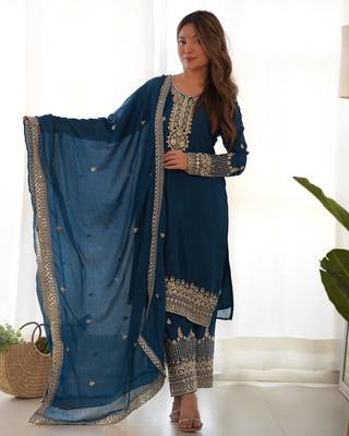 Women's Gorgeous Embroidery Work Chinon Silk Fabric Straight Kurta Pant and Dupatta Set 1