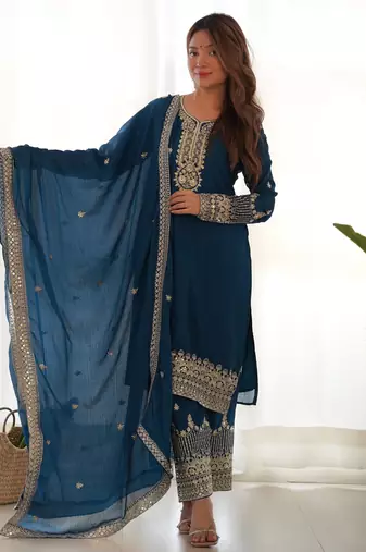 Women's Gorgeous Embroidery Work Chinon Silk Fabric Straight Kurta Pant and Dupatta Set