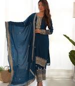 Women's Gorgeous Embroidery Work Chinon Silk Fabric Straight Kurta Pant and Dupatta Set