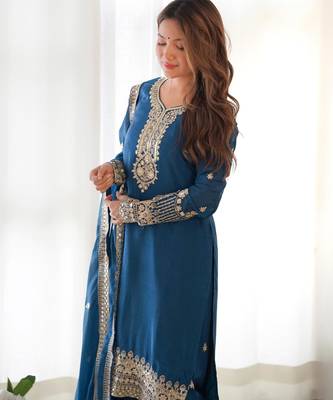Women's Gorgeous Embroidery Work Chinon Silk Fabric Straight Kurta Pant and Dupatta Set 2