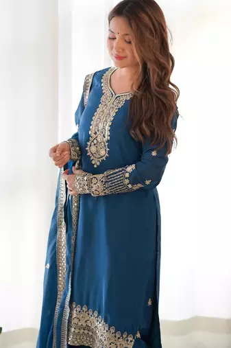 Women's Gorgeous Embroidery Work Chinon Silk Fabric Straight Kurta Pant and Dupatta Set