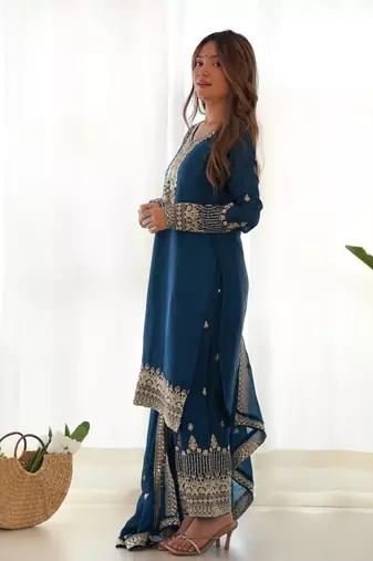 Women's Gorgeous Embroidery Work Chinon Silk Fabric Straight Kurta Pant and Dupatta Set