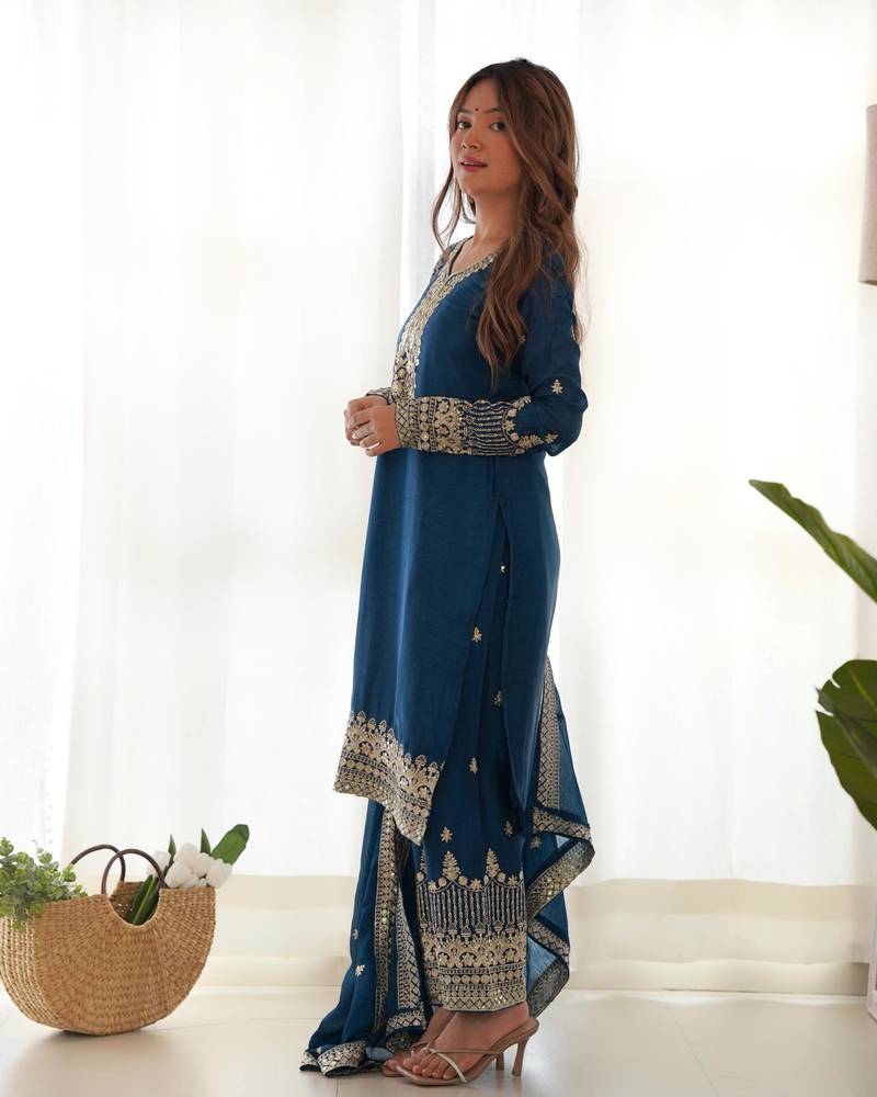 Women's Gorgeous Embroidery Work Chinon Silk Fabric Straight Kurta Pant and Dupatta Set