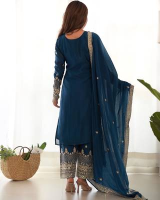 Women's Gorgeous Embroidery Work Chinon Silk Fabric Straight Kurta Pant and Dupatta Set 4