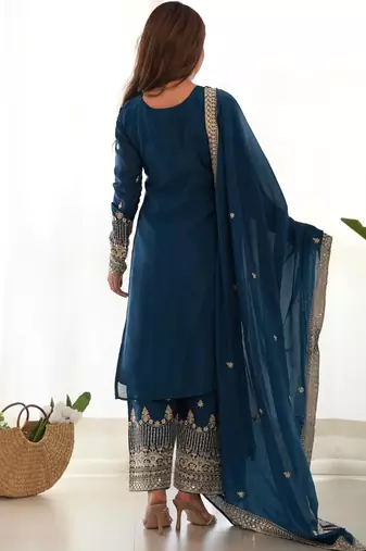 Women's Gorgeous Embroidery Work Chinon Silk Fabric Straight Kurta Pant and Dupatta Set